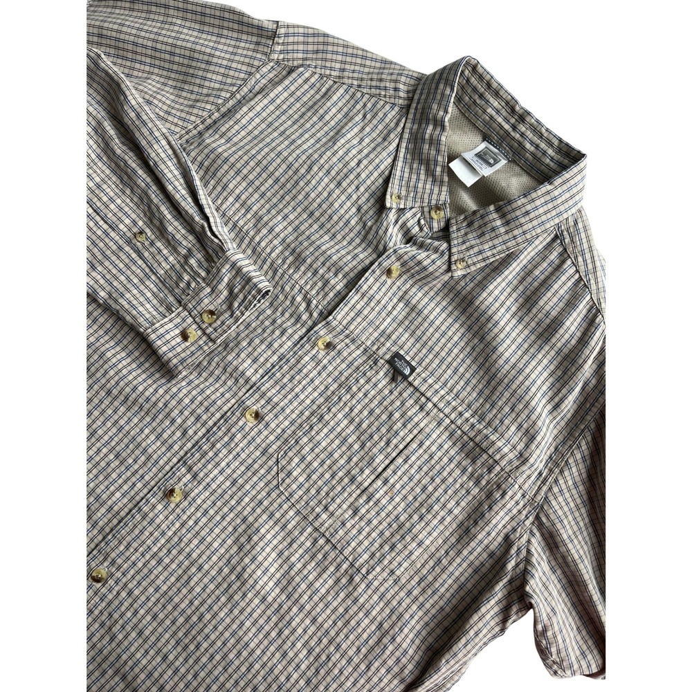 The North Face Mens XL Tan Blue Plaid Modal Blend Roll Tab Hiking Shirt Long Slv